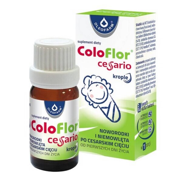 Coloflor Cesario - a dietary supplement containing 3 strains of lactic acid bacteria - Lactobacillus rhamnosus GG, Lactobacillus fermentum Hereditum, Bifidobacterium infantis and inuline - a prebiotic substance. The product is intended for newborns, infants born via caesarean section.