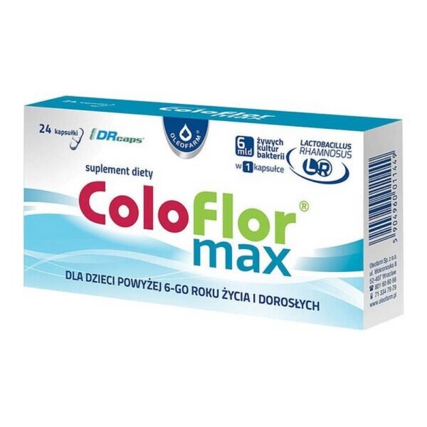 Coloflor max - a dietary supplement containing live cultures of Lactobacillus rhamnosus GG bacteria (ATCC 53103) and inulin. The product is intended for children over 6 years of age and adults.