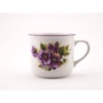 A large porcelain mug with a pansy motif and a purple line.