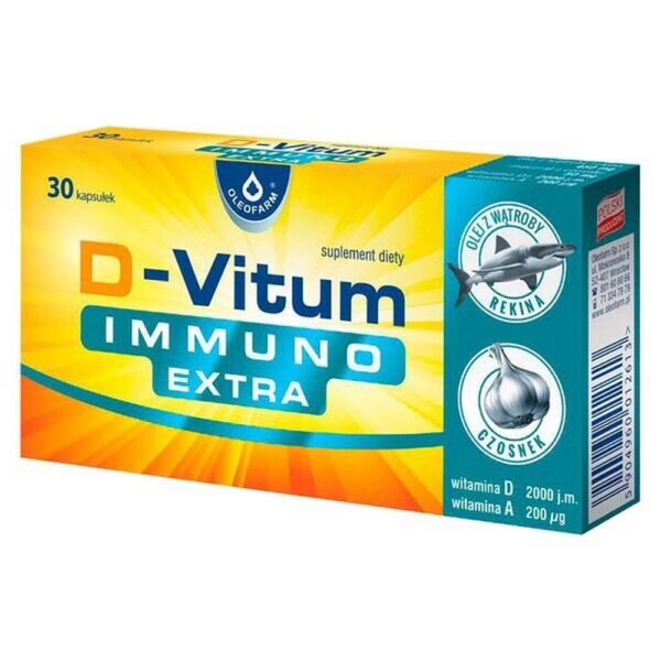 D-Vitum IMMUNO EXTRA - пищевая добавка, содержащая витамин A, витамин D, мацерат чесночного масла, стандартизованный для содержания аллиина 2% и жир печени акулы.