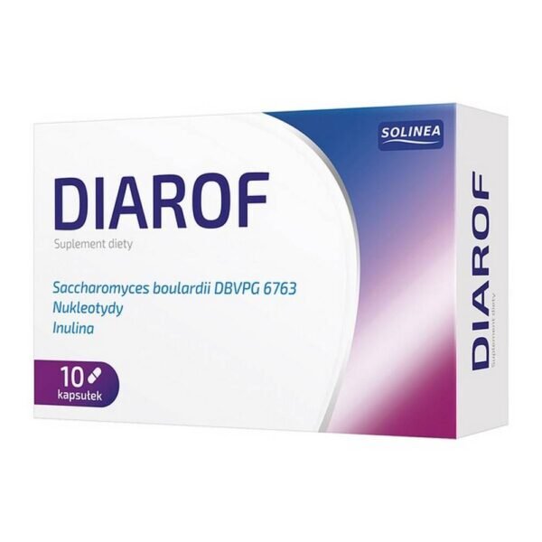 Diarof - a dietary supplement containing ingredients supporting the balance of the intestinal microflora. The product is intended for children over 3 years of age and adults.