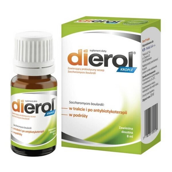 Dierol drops - a dietary supplement. Dierol drops contain one of the best known and tested strains of Saccharomyces boulardii. The Saccharomyces boulardii strain protects the body while taking an antibiotic. Do not exceed the recommended daily dose.
