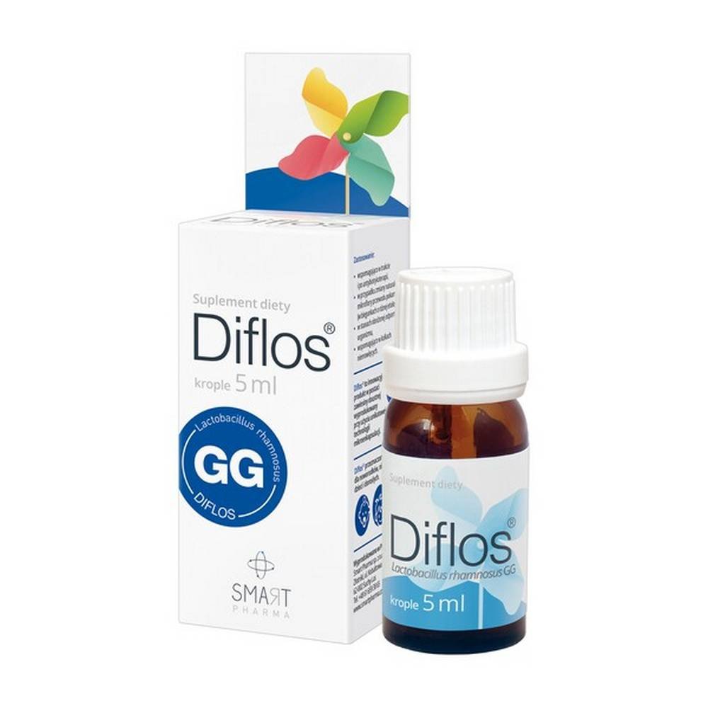 diflos liquid in drops 5 ml Diflos® is a dietary supplement in the form of an oral suspension manufactured using a unique microencapsulation technology, containing live cultures of Lactobacillus rhamnosus GG bacteria (ATCC 53103).