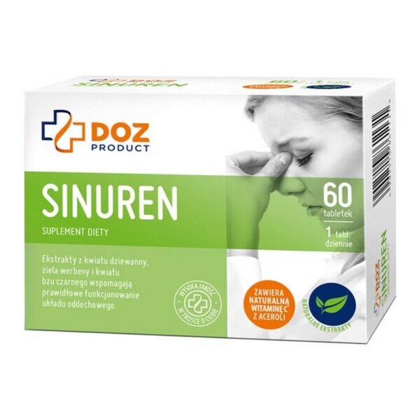 DOZ PRODUCT SINUREN - это пищевая добавка, содержащая натуральные экстракты растений.Экстракты цветка коровяка, травы вербены и цветка бузины поддерживают правильное функционирование дыхательной системы