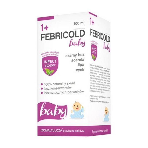 Febricold Baby - a dietary supplement containing elderberry fruit extract, acerola fruit extract, linden flower extract and zinc. The product is intended for children from 1 year of age. Elderberry fruit extract, acerola fruit extract, linden flower extract and zinc support the proper functioning of the immune system.