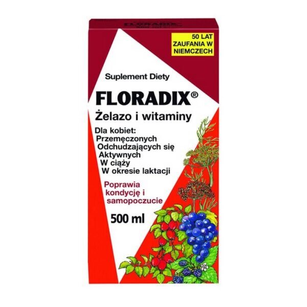 FLORADIX Железо и витамины - пищевая добавка, содержащая экстракты трав и концентраты фруктовых соков. Продукт предназначен для детей старше 12 лет и взрослых.