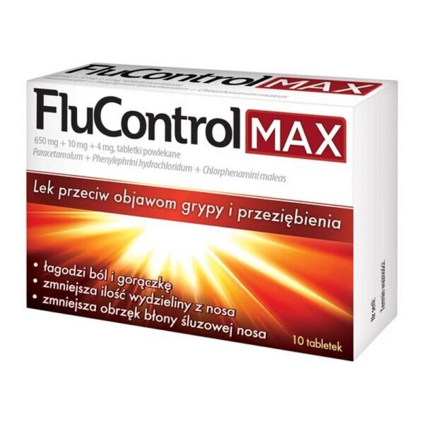FluControl MAX - комбинированный лекарственный препарат для применения при симптомах гриппа и простуды (лихорадка, насморк, боль), обладающий жаропонижающим и обезболивающим действием и уменьшающий отек слизистой оболочки носа. : парацетамол оказывает обезболивающее и жаропонижающее действие, фенилэфрин уменьшает заложенность носа - сужает мелкие кровеносные сосуды,
