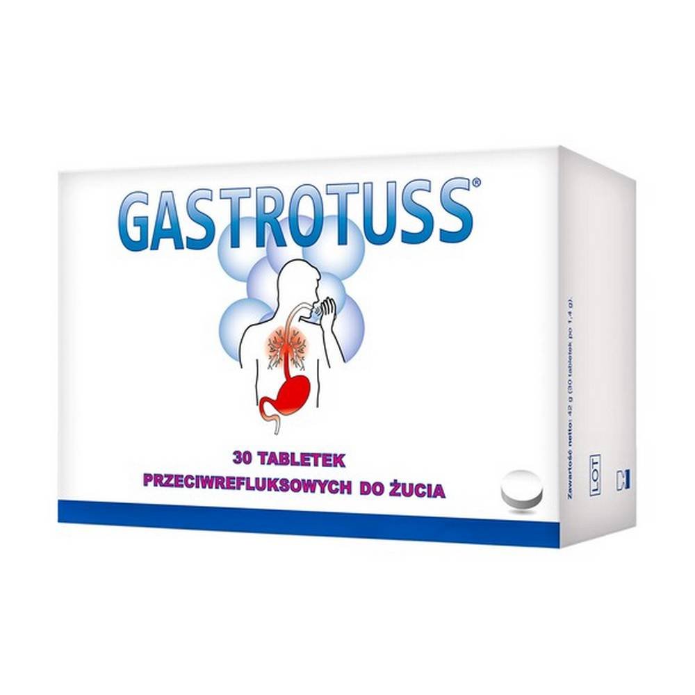 gastrotuss chewable tablets 30 pcs Гастротус в форме жевательных таблеток - это медицинское изделие с антирефлюксным действием, предназначенное для взрослых и подростков старше 12 лет.