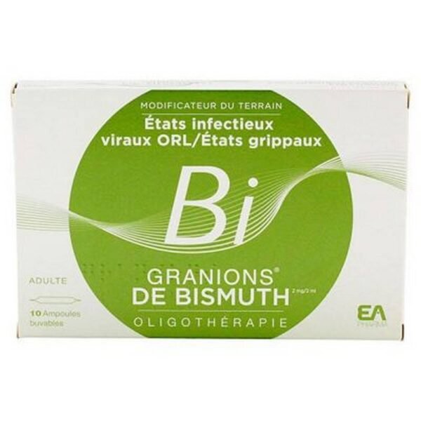 Bismuth granions are used in adults to rebalance the oligos elements in the human body, in particular during viral infectious states of the ENT sphere, influenza states.