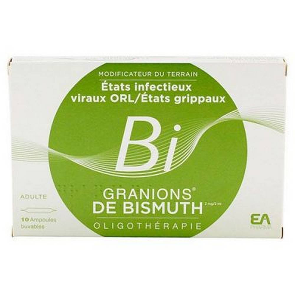 granions bismuth bi oligotherapy drinkable bulbs Bismuth granions are used in adults to rebalance the oligos elements in the human body, in particular during viral infectious states of the ENT sphere, influenza states.