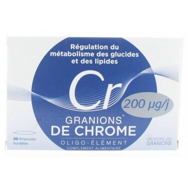 Granions de Chrome Cr is a food supplement in the form of drinkable ampoules based on chromium, an essential trace element for the metabolism of carbohydrates and lipids. Insulin co-factor, it promotes its activity and helps to facilitate the use of glucose.