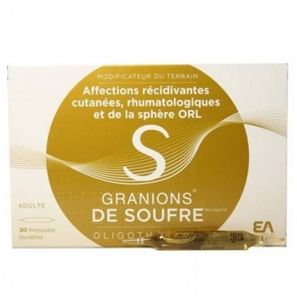 Granions Sulfur is a medicine used in adults to rebalance the trace elements in the human body. It is used in particular in the course of recurrent skin, rheumatological and ENT diseases.