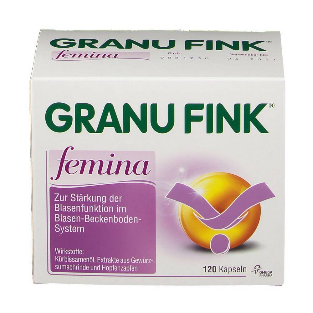 granu fink femina kapseln 120 st Bladder problems are particularly common in women. The herbal preparation Granu FINK femina was specially developed for these “women's problems”. The special formulation of Granu FINK femina has a comprehensive and strengthening effect on the bladder function and the bladder-pelvic floor system. Granu FINK femina is also well tolerated.