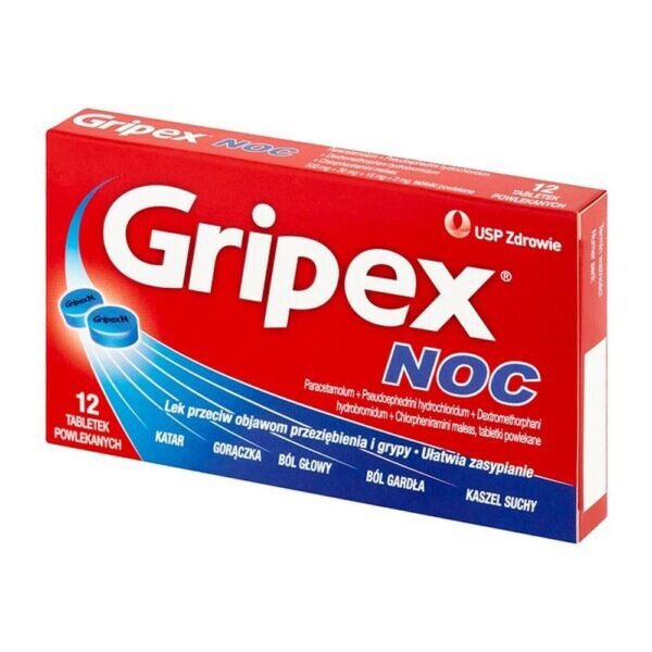 Gripex Noc is a multi-component medicinal product with comprehensive analgesic, antipyretic and antitussive properties. Gripex Noc reduces the swelling of the nasal mucosa and paranasal sinuses, restores the nasal passages and reduces the amount of mucus secretions.