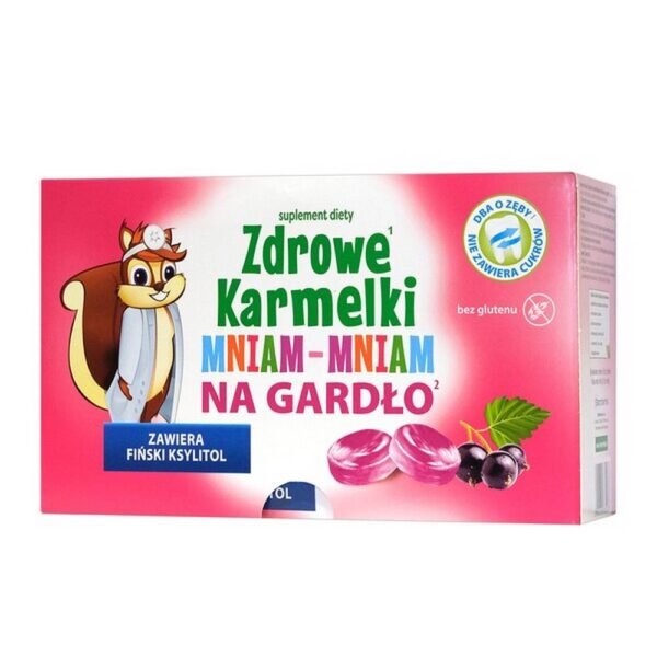 Healthy Karmelki Mniam-Mniam for the throat - a dietary supplement containing extracts of thyme, elderberry, Icelandic lichen, marshmallow, chamomile, linden and sage. The product is intended for children over 3 years of age and adults.