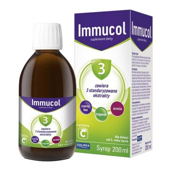 Immucol - a dietary supplement containing a composition of natural ingredients such as elderberry, astragalus, chokeberry and vitamin C. The product is intended for children from 3 years of age and adults.