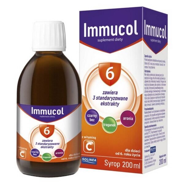 Immucol 6 - a dietary supplement containing compositions of natural ingredients such as elderberry, astragalus, chokeberry and vitamin C. The product is intended for children from 6 years of age and adults. Do not exceed the recommended daily dose.