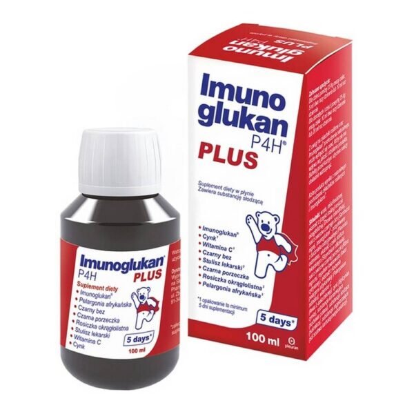 Imunoglukan P4H PLUS - a dietary supplement containing ingredients supporting immunity and the proper functioning of the respiratory system. The product is intended for children and adults. African pelargonium supports the maintenance of the health of the respiratory system.
