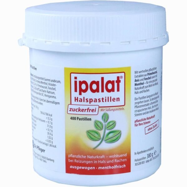 Ipalat purely herbal active ingredient with expectorant and expectorant effect; Respiratory diseases, phlegm, hoarseness, throat irritation and smoking catarrh 1 lozenge contains active pharmaceutical ingredient: 7.5 mg primrose root extract (4: 1, ethanol 20%). IPALAT throat lozenges are guaranteed sugar-free!