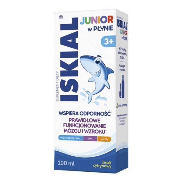 Iskial Junior liquid - a dietary supplement containing a comprehensive formula that combines shark liver oil with vitamin D. The product is intended for children over 3 years of age and adults
