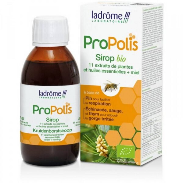 Ladrome Propolis Organic Syrup 150ml on sale in our organic pharmacy. Ladrome Propolis Organic Syrup 150ml is a mixture of propolis extract, plant extracts and essential oils, sweetened with honey and gluten-free wheat syrup to help the body fight against all respiratory ailments.