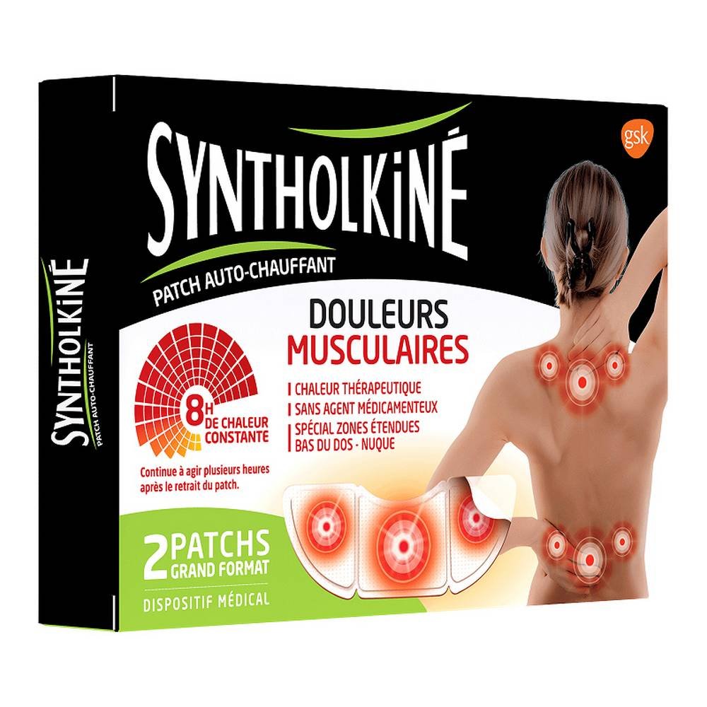 large zone heated syntholkine patch SyntholKiné Heating Patches Extended Zones quickly relieves muscle pain. Odorless and delivering 8 hours of therapeutic heat, the SyntholKiné Heating Patches relax back muscle pain, shoulders and neck.