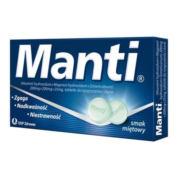 Manti is an antacid. It is used in the case of digestive problems such as heartburn, hyperacidity, flatulence.