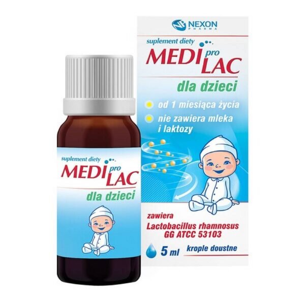 MediproLac for children - a dietary supplement containing the Lactobacillus rhamnosus GG ATCC 53103 bacterial strain. The product is intended for children from 1 month of age.