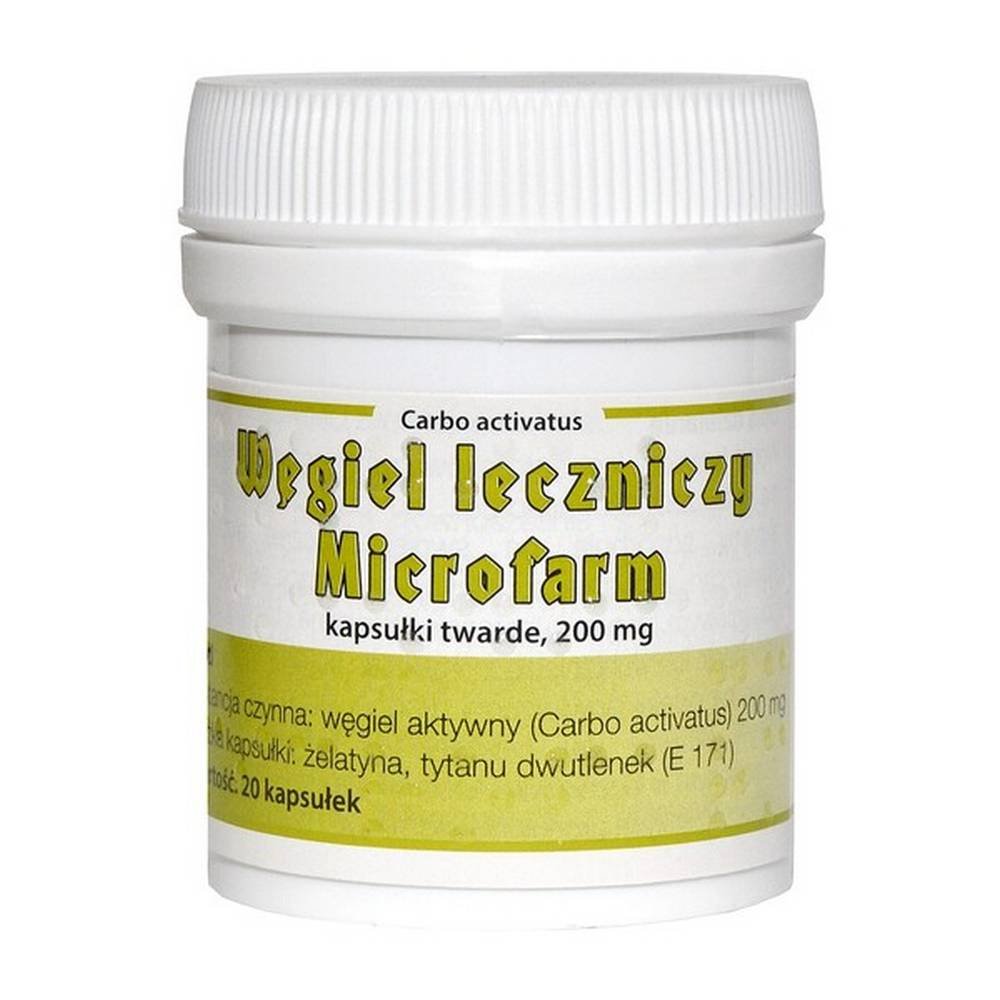 microfarm healing charcoal 200 mg capsules 20 pcs Microfarm medicinal charcoal is a medicinal product in which the active substance is powdered activated charcoal. Taking advantage of the high adsorption capacity of activated carbon, it is used in food poisoning, diarrhea and as an aid in flatulence.