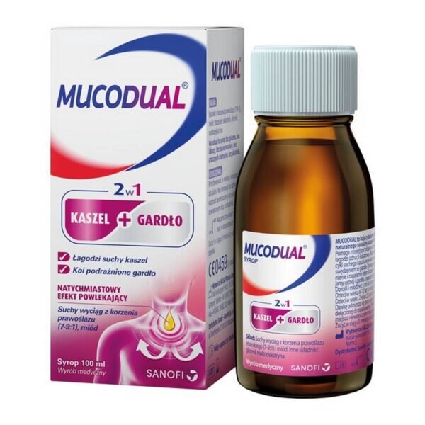 The medical device Mucodual 2 in 1 cough + throat is a syrup that reduces the dry cough reflex and soothes irritation and inflammation of the throat mucosa. The product is intended for both adults and children over 2 years of age
