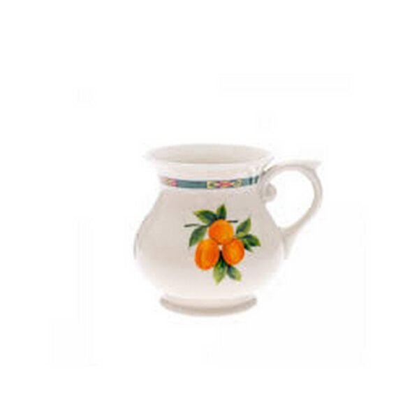 Large Mary-Anne porcelain mug with three fruit motifs of apricots, plums and apples placed on the front, side and back.