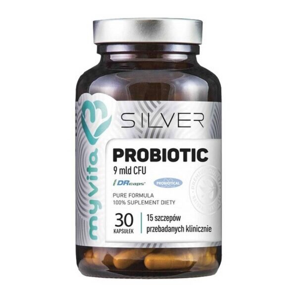 MyVita Silver Probiotic - a dietary supplement containing 9 billion bacterial cultures and a natural prebiotic in the form of inulin, as well as leucine and an amino acid derived from proteins. The product is intended for adults.