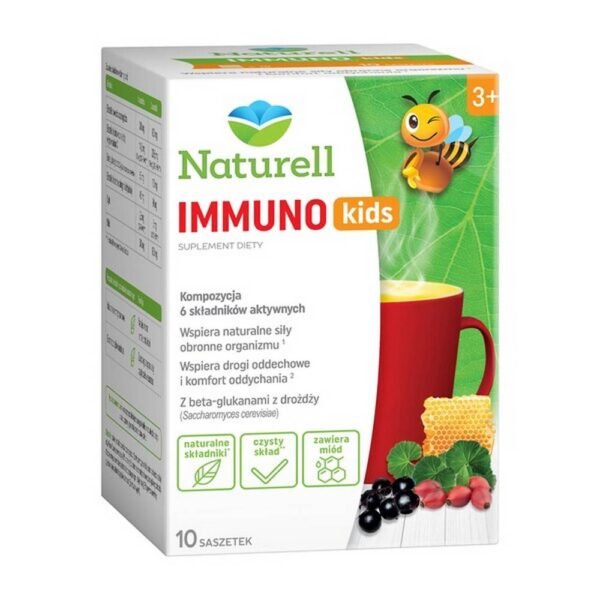 Naturell Immuno kids - a dietary supplement containing a composition of up to 6 active ingredients. The product is intended for children over 3 years of age. Vitamin C and zinc support the proper functioning of the immune system.