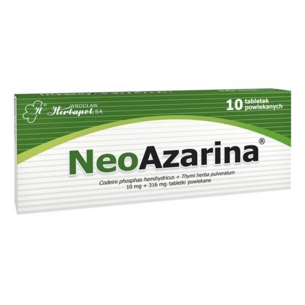 Neoazarina is a medicinal product for use in paroxysmal cough and in catarrh of the upper respiratory tract. Neoazarina has an antitussive effect by affecting the "cough center" - it reduces the incidence of cough.