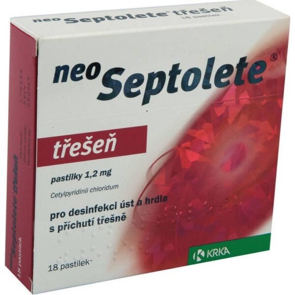 Medicinal product for the topical treatment of a mild infection of the mouth and throat which results in sore throat. Neoseptolete cherry lozenges act locally against germs. They contain an active substance with a disinfectant effect that destroys many bacteria and fungal germs and to some extent also suppresses the development of viruses.