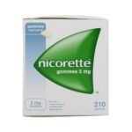 Nicorette 2 mg box 210 rubber, original sugar-free, recommended for moderately or slightly dependent smokers.