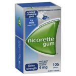 Nicorette 4 mg box of 105 gums, ice mint flavor without sugar, is recommended for very strongly to highly dependent smokers.