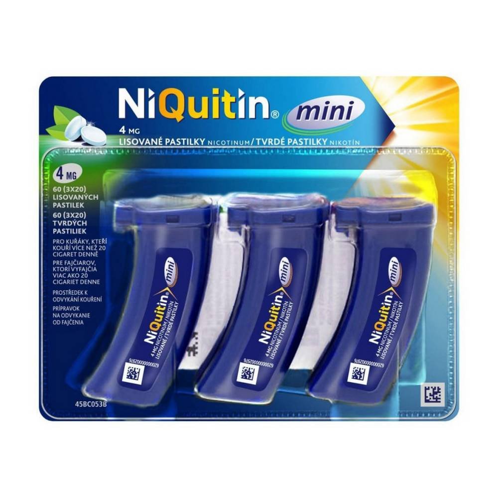niquitin mini 4mg lozenges 3x20 The lozenges in the mouth release nicotine and thus help smokers alleviate the sudden craving for cigarettes. Suitable if you want to gradually get rid of nicotine addiction and stop smoking permanently. During smoking cessation, it alleviates withdrawal symptoms and the desire for a cigarette in as little as 3 minutes.