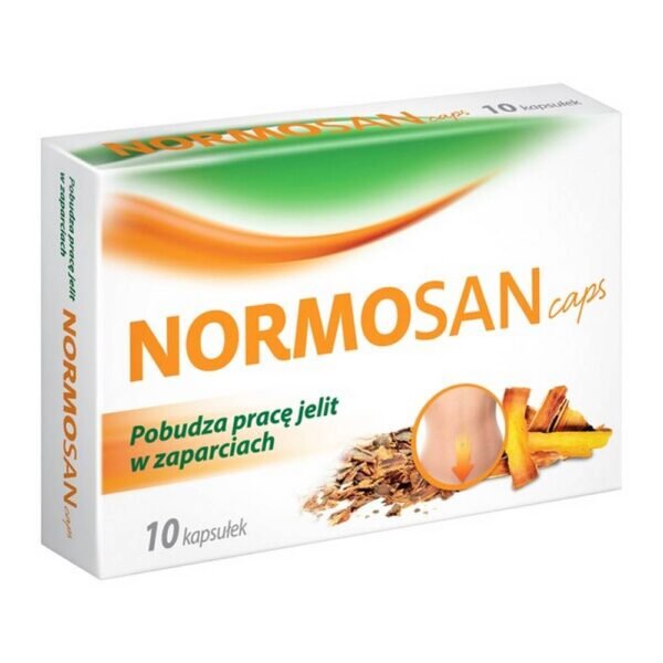 Normosan caps hard capsules are a laxative. The medicinal product contains the active ingredient dry extract of buckthorn bark, containing anthracene glycosides that stimulate intestinal peristalsis. Normosan caps can be used in the short-term treatment of occasional constipation. The drug is intended for adults and children over 12 years of age.
