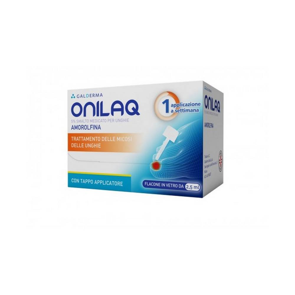 onilaq 5 medicated nail polish antifungal with applicator cap 25 ml Medicated nail polish for the treatment of distal and lateral subungual onychomycosis, of minor entity caused by dermatophytes, yeasts and molds that involve no more than two nails of the adult subject.