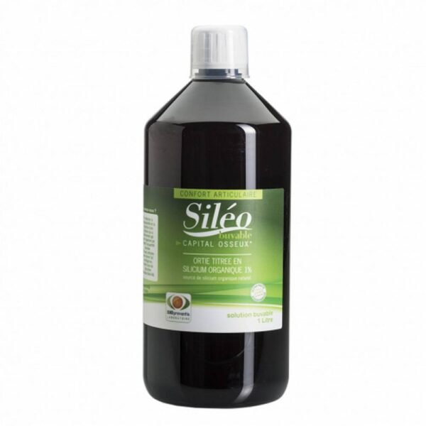 Liquid organic silicon siléo in a 1 liter bottle, is a nutritional supplement source of organic silicon with ultra-high bioavailability aimed at durably delaying the effects of aging on the cartilage.