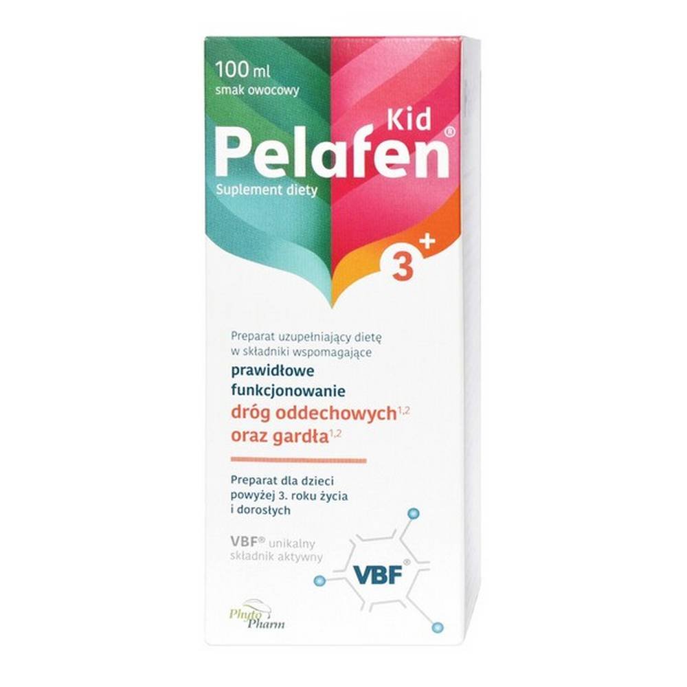 pelafen kid 3 syrup 100 ml Pelafen Kid 3+ - a dietary supplement containing ingredients supporting the proper functioning of the respiratory tract and throat as well as immunity. The preparation is intended for children over 3 years of age