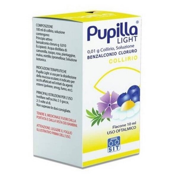 Pupilla Light Collirio используется как дезинфицирующее средство для слизистой оболочки глаза даже после воздействия пыли, смога и дыма.