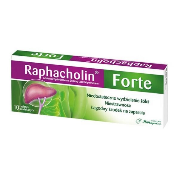Raphacholin C contains dry extract of black radish root with active carbon (1: 1), dense extract of artichoke herb, dehydrocholic acid and mint essential oil. It is a choleretic and choleretic drug (has a direct effect on the liver, stimulates the secretion of bile).