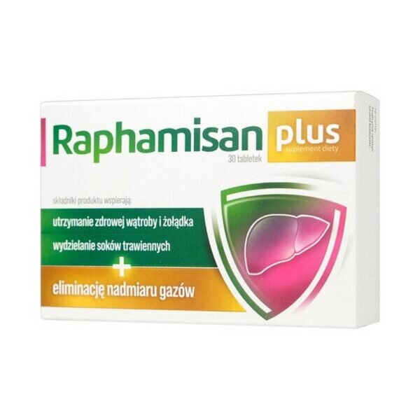 Raphamisan plus - a dietary supplement containing ingredients supporting the maintenance of a healthy liver and stomach. The product is intended for adults.