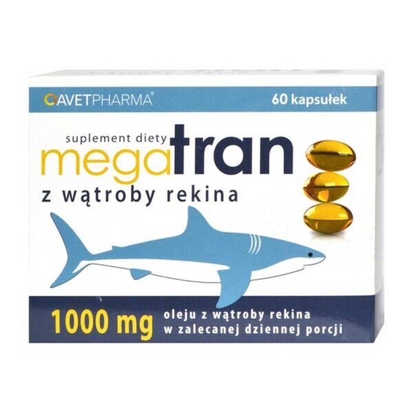 MEGA SHARK TRAN - dietary supplement containing shark liver oil. The preparation is intended for adults and children over 3 years of age. Shark liver fish oil contains alkylglycerols supporting the activation of the body's natural defenses