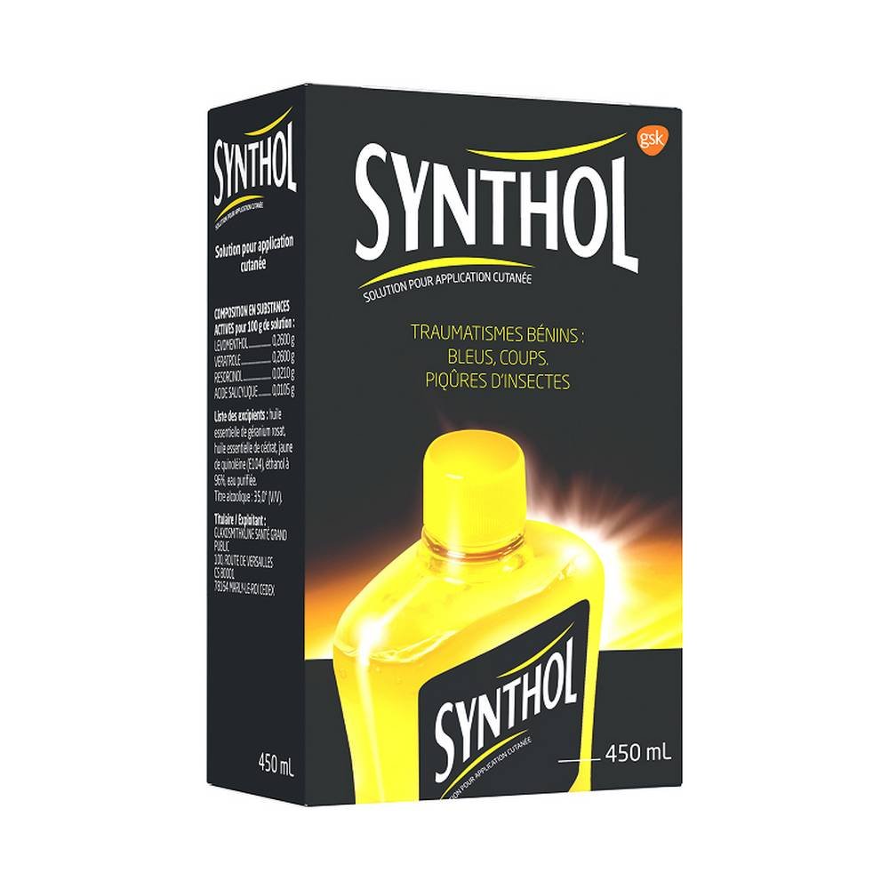 synthol skin solution 450ml This solution for local use contains a salicylate and substances which have a repellant effect.