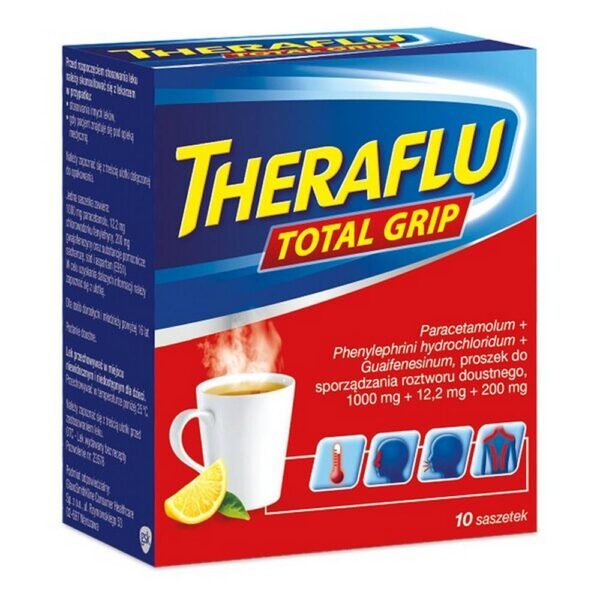 Theraflu Total Grip is a medicinal product in the form of a powder for oral solution. Theraflu Total Grip contains 3 active substances: paracetamol, phenylephrine hydrochloride and guaifenesin, which have a complementary effect on the symptoms of flu and colds, such as: mild and moderate fever, stuffy nose, and wet cough.