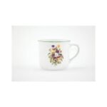 A large porcelain mug known as a Cooker in pansy decor.