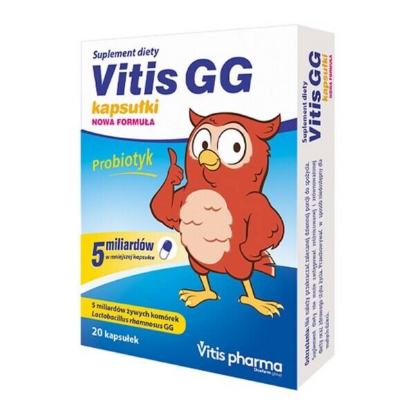 Vitis GG New Formula - a dietary supplement containing 5 billion live bacterial cells in one capsule. The product is intended for adults.